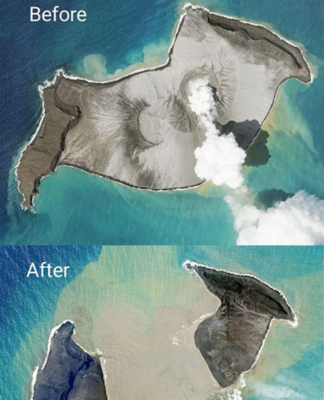 Satellite images of the Hunga Tonga-Hunga Ha'apai volcano before and after the 15-01-2022 eruption.