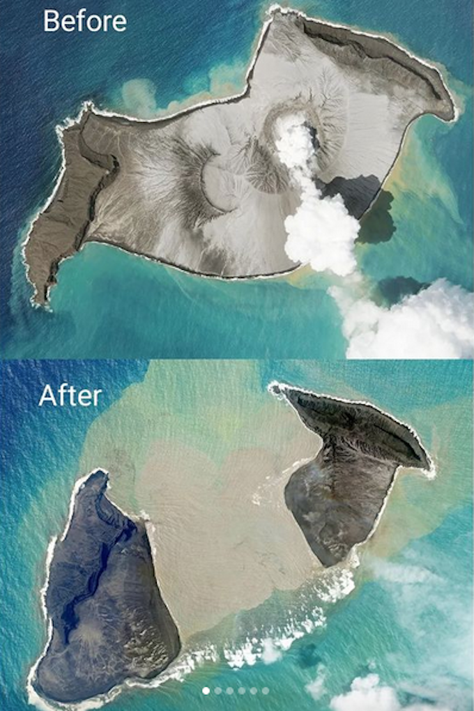 Satellite images of the Hunga Tonga-Hunga Ha'apai volcano before and after the 15-01-2022 eruption.