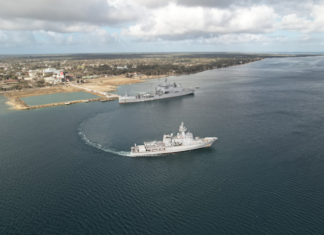 HMNZS Aotearoa (docked) and HMNZS Wellington in Nuku’alofa