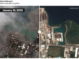 Nuku'alofa port before and after the volcano eruption and tsunami