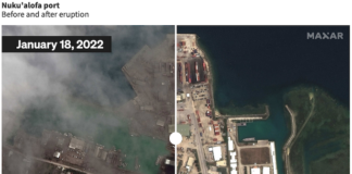 Nuku'alofa port before and after the volcano eruption and tsunami