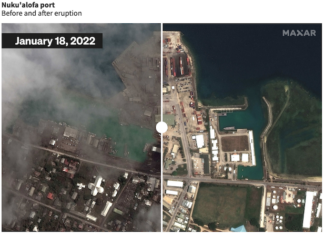 Nuku'alofa port before and after the volcano eruption and tsunami
