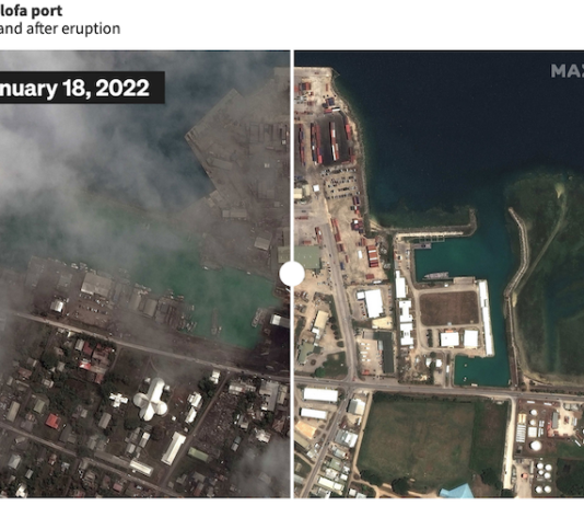 Nuku'alofa port before and after the volcano eruption and tsunami