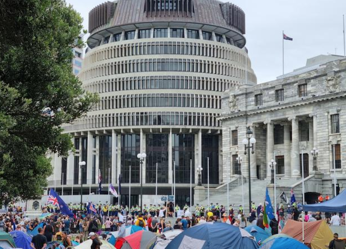 The scene in the grounds of New Zealand's Parliament early on in the anti-vaccine mandates protest