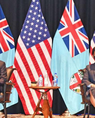 US Secretary of State Antony Blinken (left) with Fiji's acting PM Aiyaz Sayed-Khaiyum