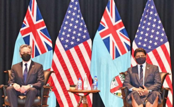 US Secretary of State Antony Blinken (left) with Fiji's acting PM Aiyaz Sayed-Khaiyum