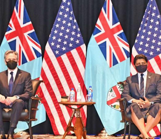 US Secretary of State Antony Blinken (left) with Fiji's acting PM Aiyaz Sayed-Khaiyum