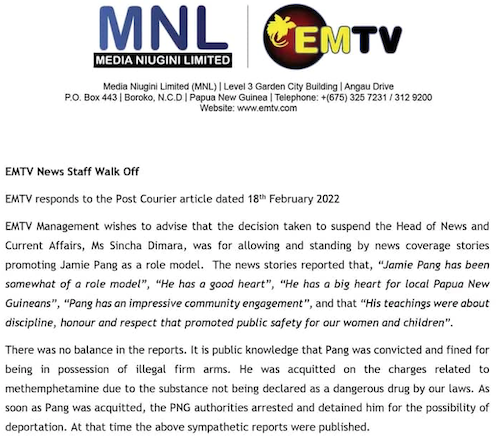 An excerpt from the EMTV management letter to the Post-Courier 