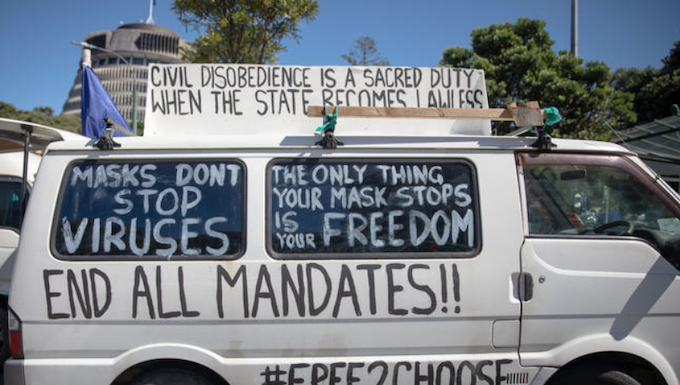 An illegally parked protest vehicle blocking central Wellington streets