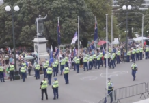 More than 50 police form a ring around the front of New Zealand's Parliament