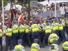 Anti-vaxxer protesters try to break through a police barrier on New Zealand's Parliament grounds
