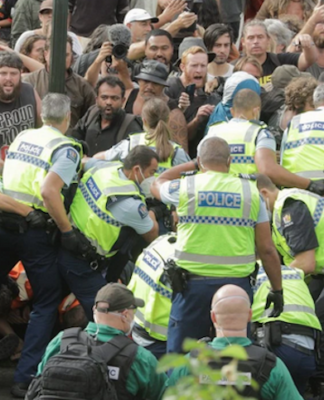 Police clearing away the protesters in Parliament grounds