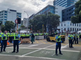 About 30 police officers stand in a human chain to block off anti-mandate protesters near Parliament