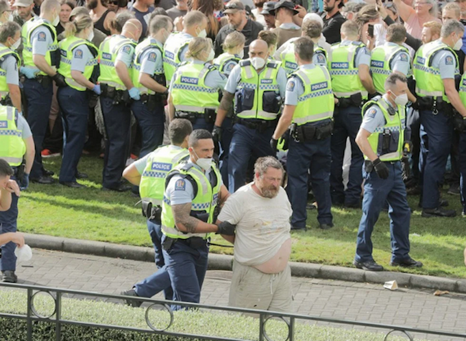 Police lead away a protester from the Parliament grounds. 