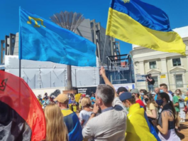 People in Wellington's Civic Square protest against Russia's invasion of Ukraine