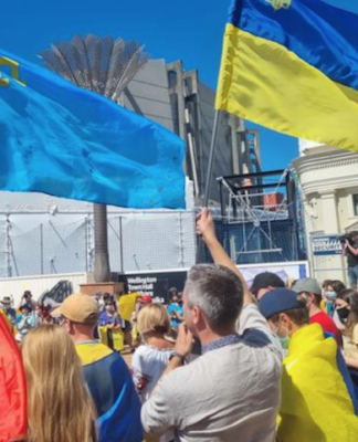 People in Wellington's Civic Square protest against Russia's invasion of Ukraine