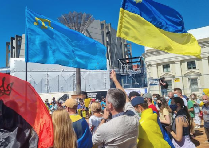 People in Wellington's Civic Square protest against Russia's invasion of Ukraine