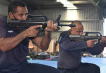 Royal Solomon Islands Police Force officers train with replica guns supplied by the Chinese government