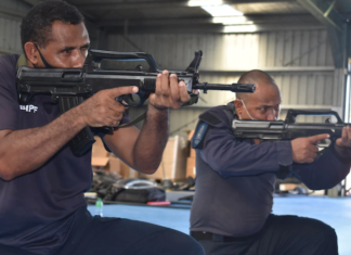 Royal Solomon Islands Police Force officers train with replica guns supplied by the Chinese government
