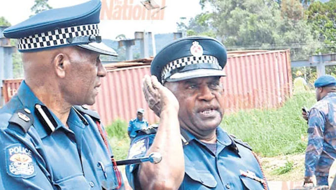 Southern Highlands commander Chief Inspector Daniel Yangen (left) with Assistant Commissioner (Western) John Kale in Mendi