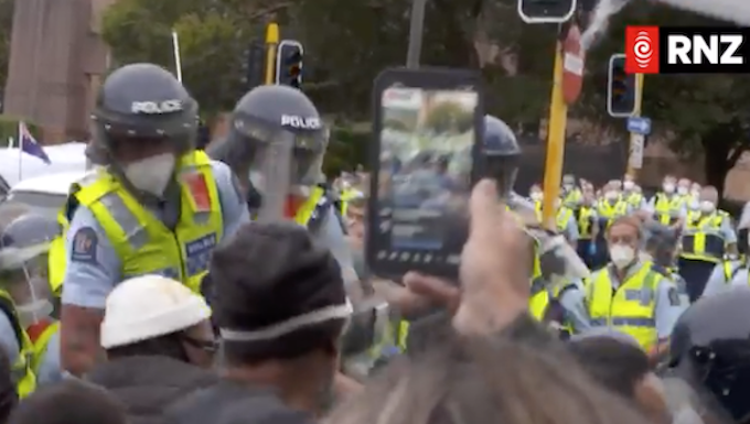 Anti-covid public health protesters clash with police outside Parliament in Wellington