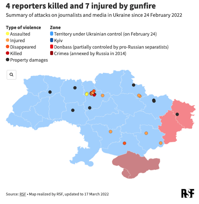 Journalists - RSF Ukraine war map 17 March 2022