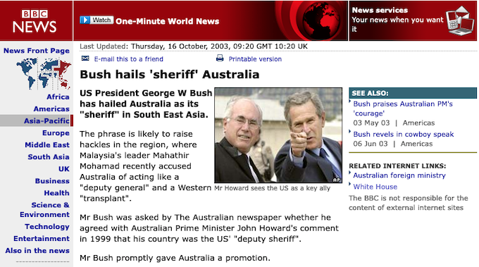 Bush hails 'sheriff' Australia