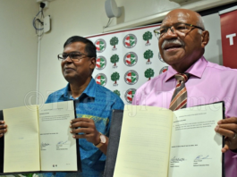 NFP's Biman Prasad (left) with People's Alliance leader Sitiveni Rabuka