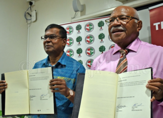 NFP's Biman Prasad (left) with People's Alliance leader Sitiveni Rabuka