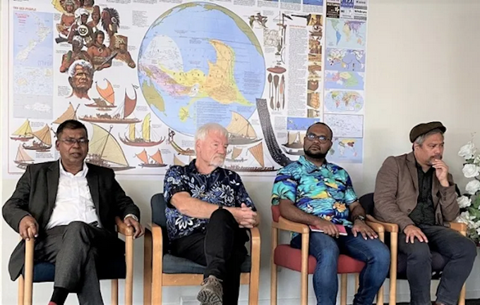 Dr Biman Prasad with (from left) panellists David Robie and others