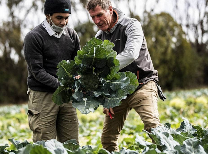 Awatapu College student Arnold Yoman (left) and Wholegrain Organics’ Fred Kretschmer