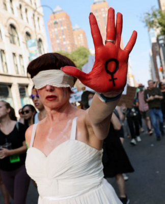 A woman makes her feelings over the US Supreme Court decision overturning abortion rights