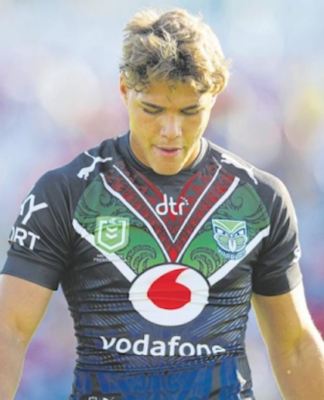 Reece Walsh of the NZ Warriors wearing a jersey designed by Tairāwhiti artists