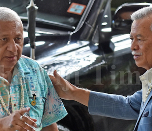 Fiji Prime Minister Voreqe Bainimarama (left) with Pacific Islands Forum Secretary-General Henry Puna in Suva