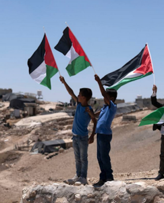 Palestinian children wave the national flags at the West Bank village of Masafer Yatta