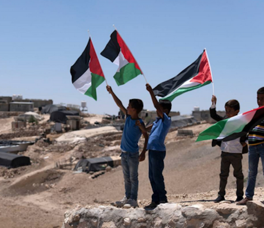 Palestinian children wave the national flags at the West Bank village of Masafer Yatta