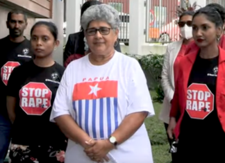 Fiji Women's Crisis Centre coordinator Shamima Ali and fellow activists at the Morning Star flag raising in solidarity with West Papua