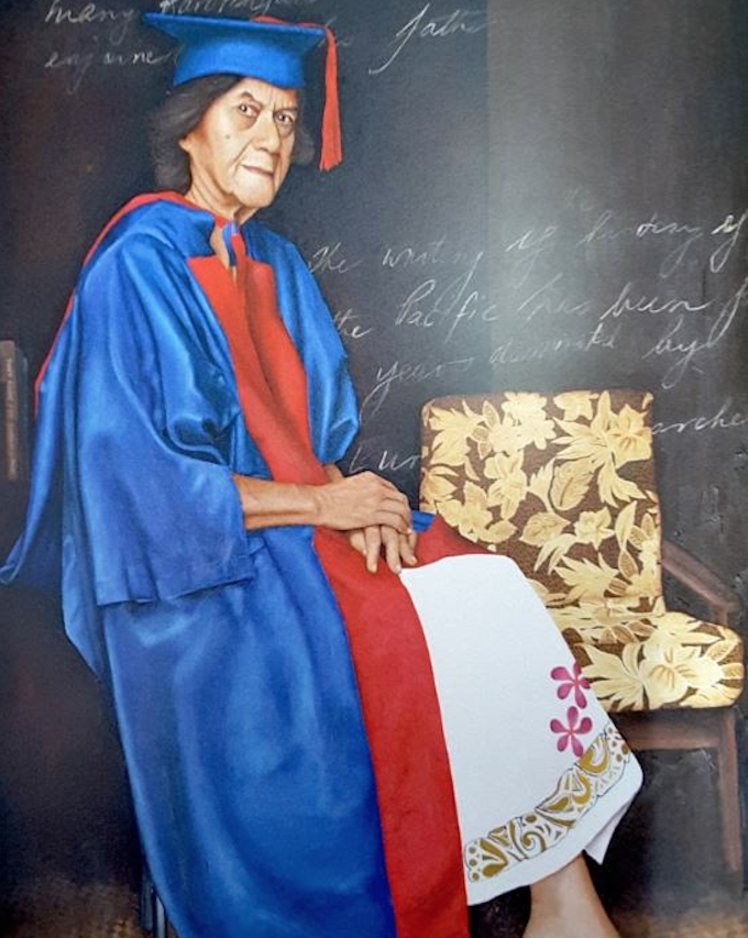 Portrait detail of Dr Marjorie Crocombe by Nanette Lela’ulu