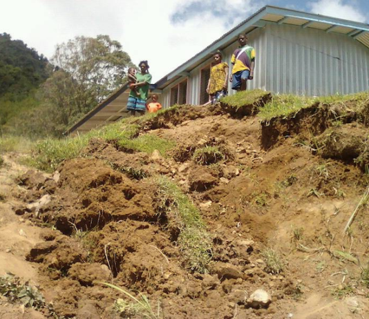An earthquake collapsed hillside at Birimon primary school in Deyamos LLG district in PNG's Morobe province