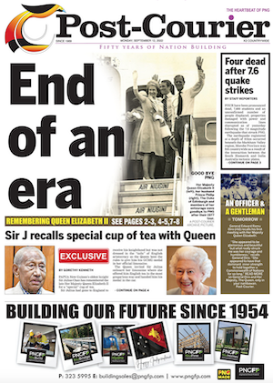 PNG's massive weekend quake ... pushed to the margins of the Post-Courier front page by the death of Queen Elizabeth II.