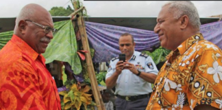 Sitiveni Rabuka (left) with Voreqe Bainimarama in 2018.