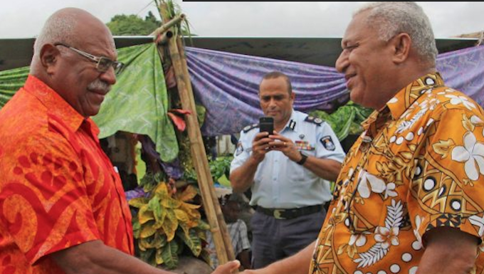 Sitiveni Rabuka (left) with Voreqe Bainimarama in 2018.