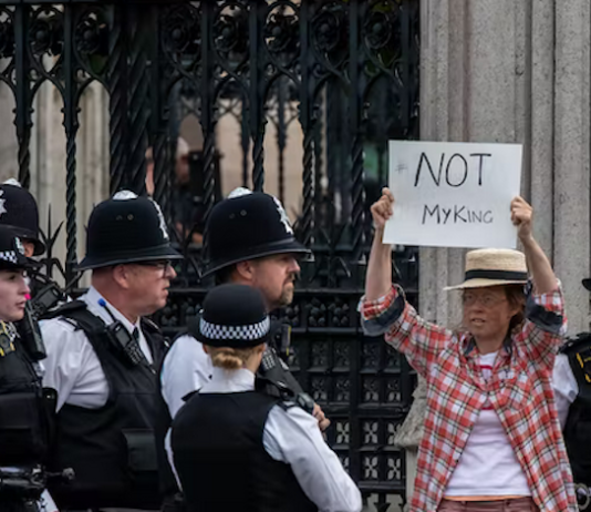 An anti-monarchy protester being led away from the Palace of Westminster
