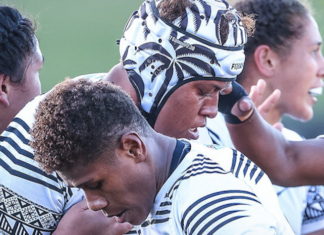 Fiji celebrate their first ever Women's Rugby World Cup victory