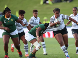 Bitila Tawake of Fiji is tackled during the Pool C Rugby World Cup 2021 match between Fiji and South Africa