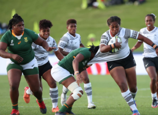 Bitila Tawake of Fiji is tackled during the Pool C Rugby World Cup 2021 match between Fiji and South Africa