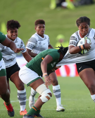 Bitila Tawake of Fiji is tackled during the Pool C Rugby World Cup 2021 match between Fiji and South Africa