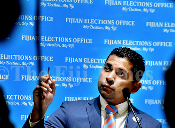 Fiji Supervisor of Elections Mohammed Saneem raises a point