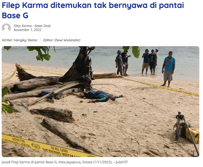 The Indonesian police investigation site at the Jayapura beach where Filep Karma's body was found today