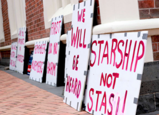 Anti-vax placards outside the High Court in Auckland